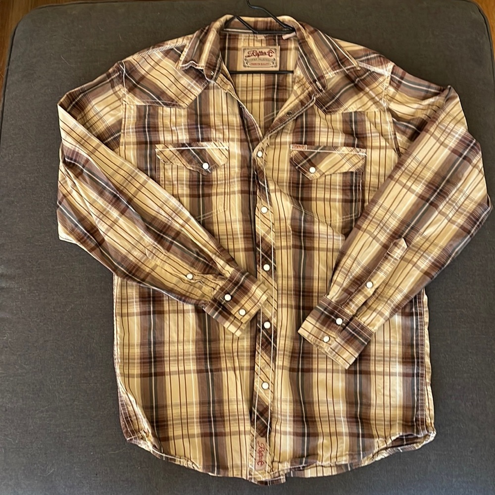 Brown and tan Rafter C western shirt L white pearl snaps
